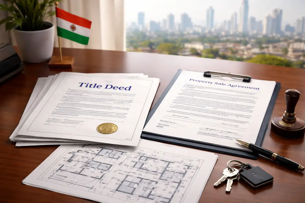 Documents required to buy property in India including title deed, property sale agreement, house blueprint and official stamp in a professional workspace