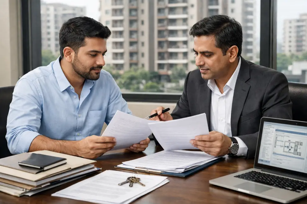 Indian home buyer reviewing residential property legal documents with a property lawyer in a modern urban apartment office setting